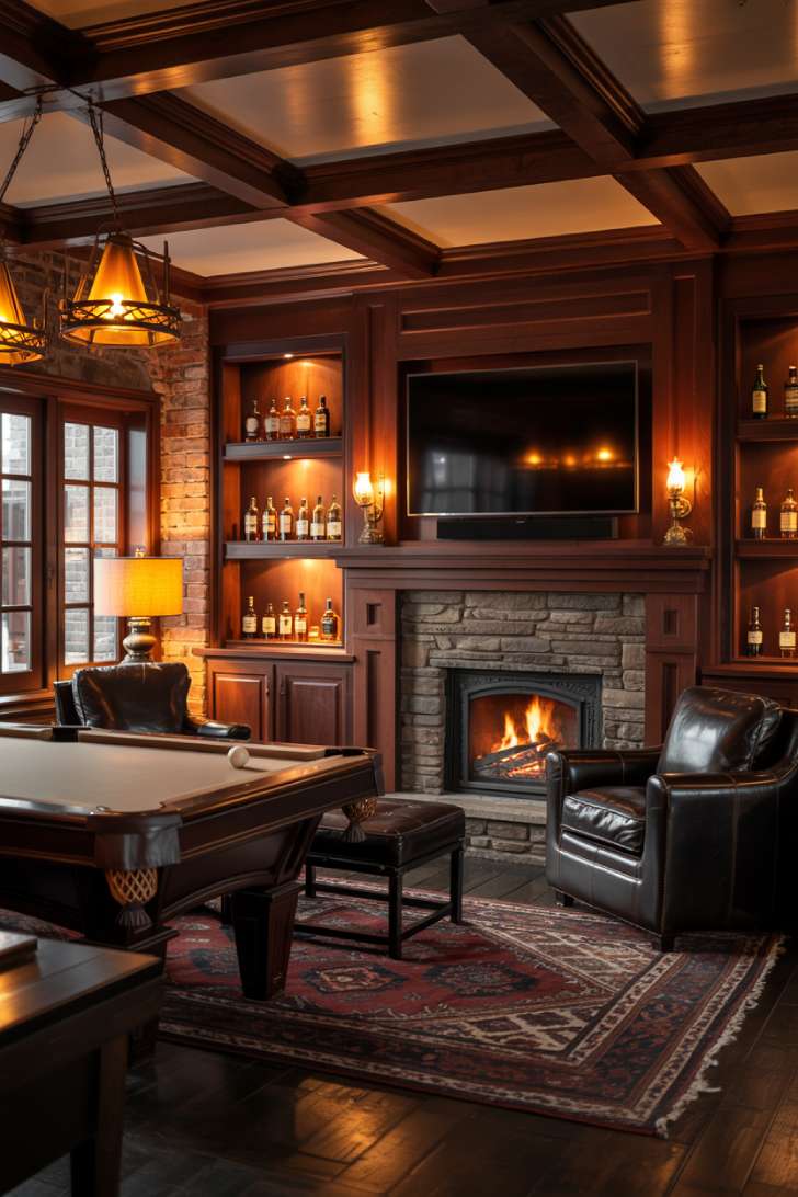 Man cave with stone fireplace and floating whiskey shelves