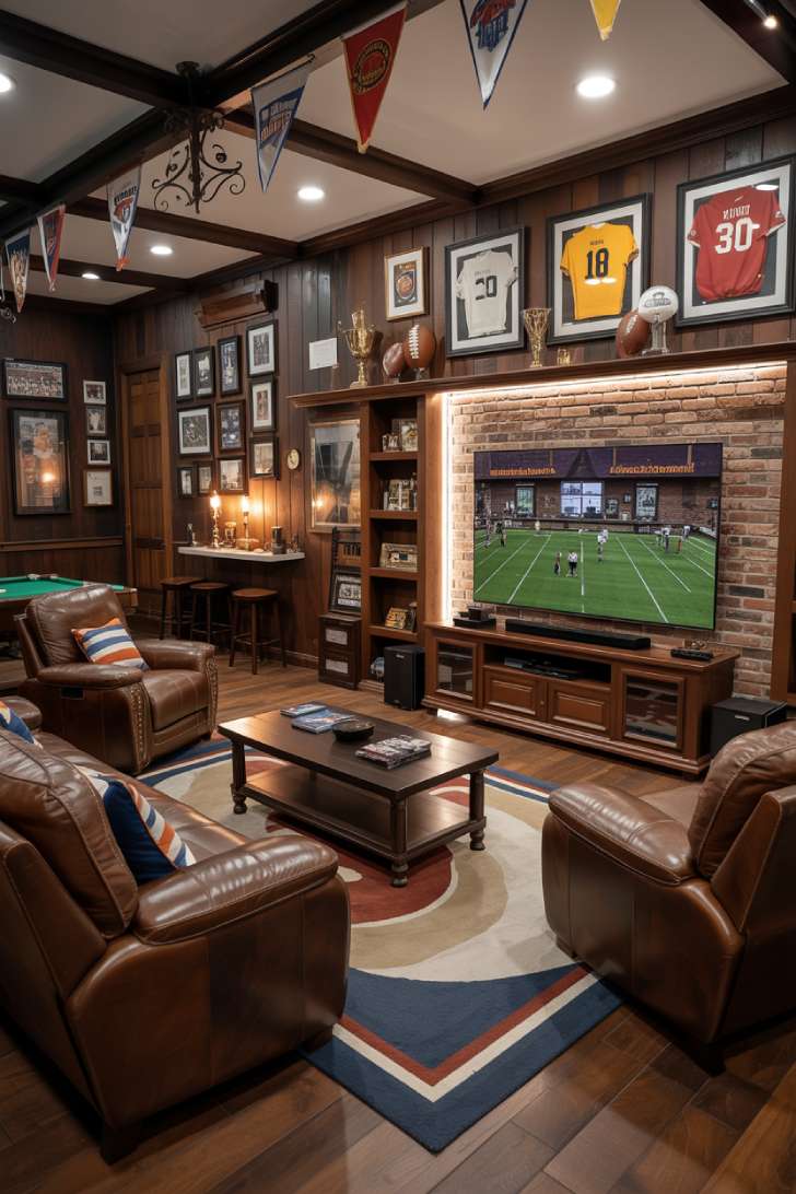 Sports-themed man cave with team memorabilia and LED lighting