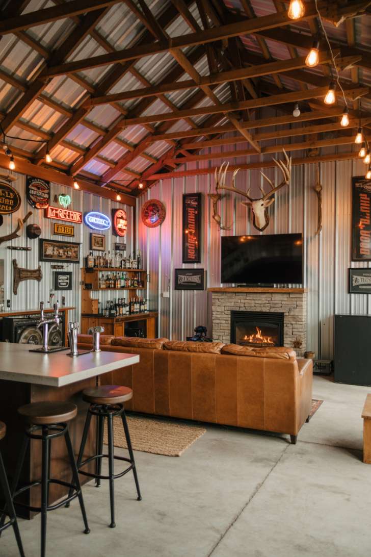Converted pole barn man cave with exposed beams and neon signs