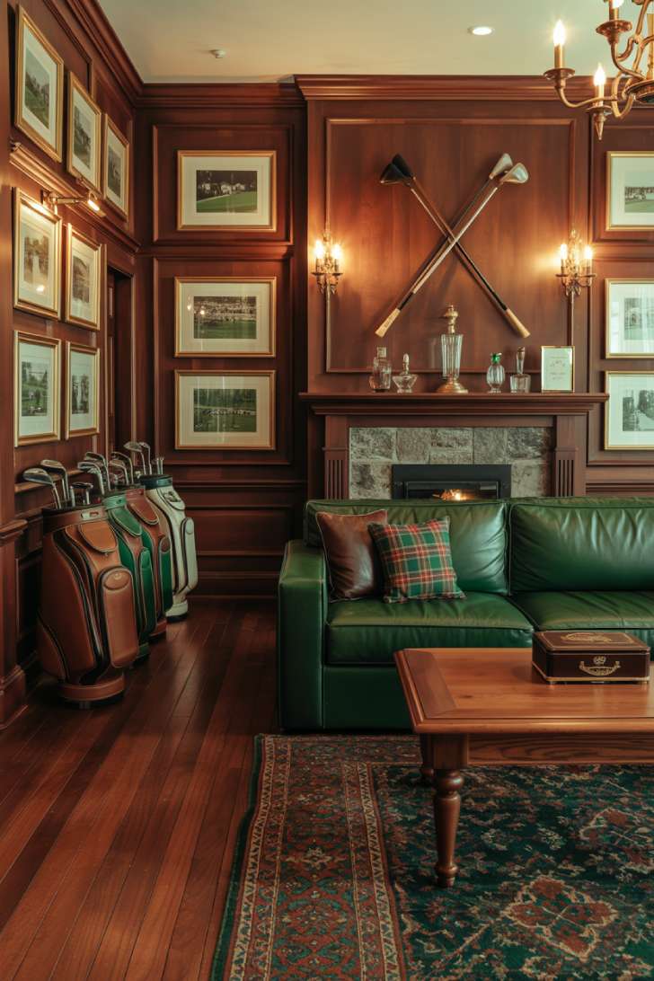 Golf-themed man cave with vintage golf clubs and tartan accents