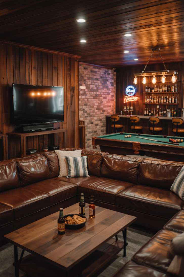 Spacious basement with pool table, bar, and 75-inch TV