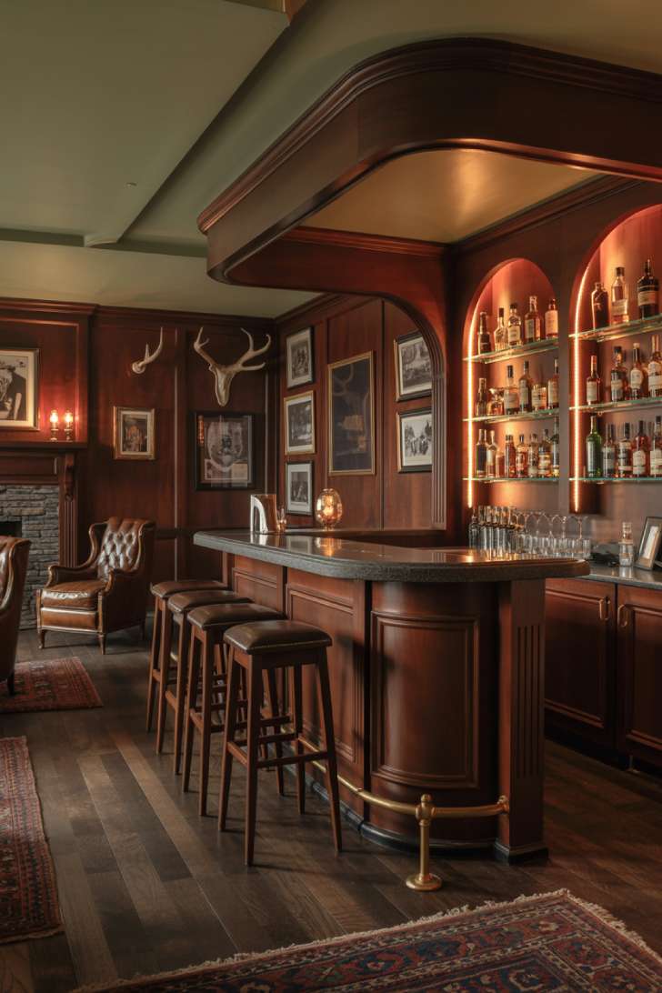 Sophisticated home bar with curved granite counter and brass fixtures