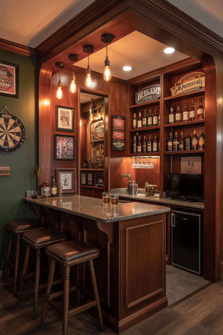Small home bar with mahogany paneling and a dartboard