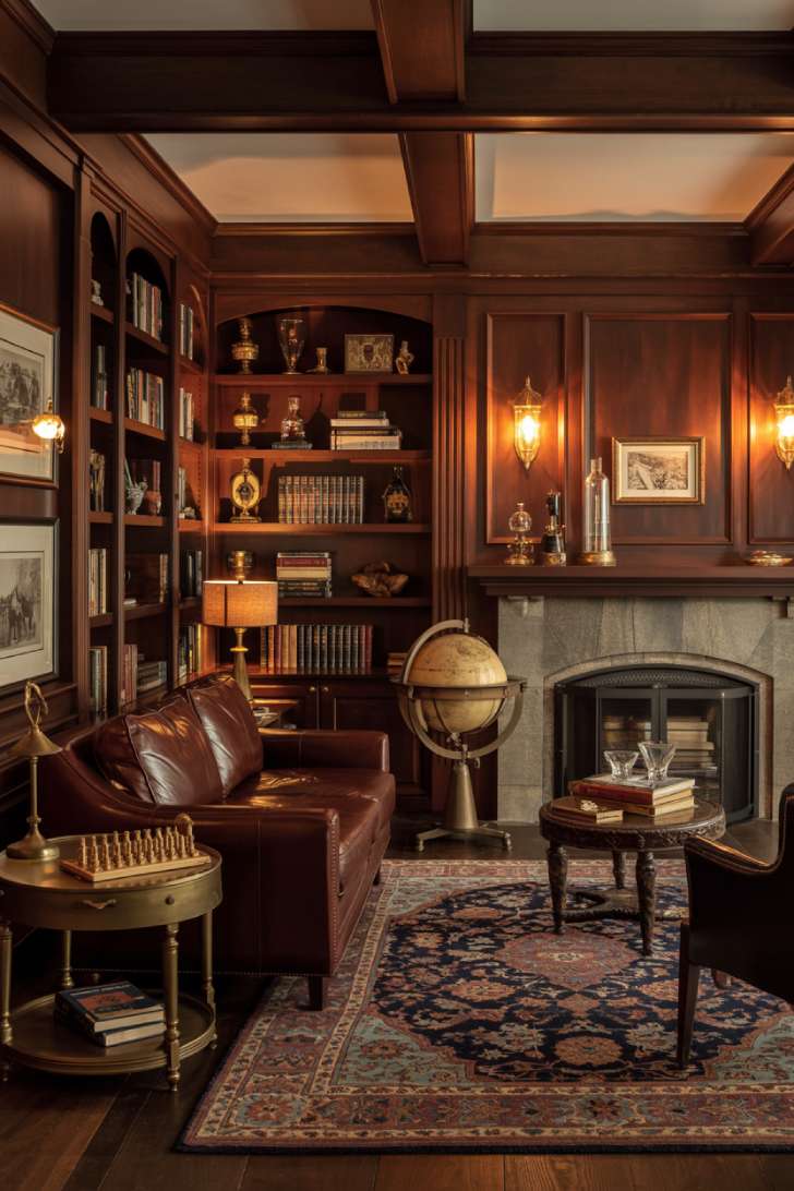 Elegant den with burgundy leather and built-in bookshelves