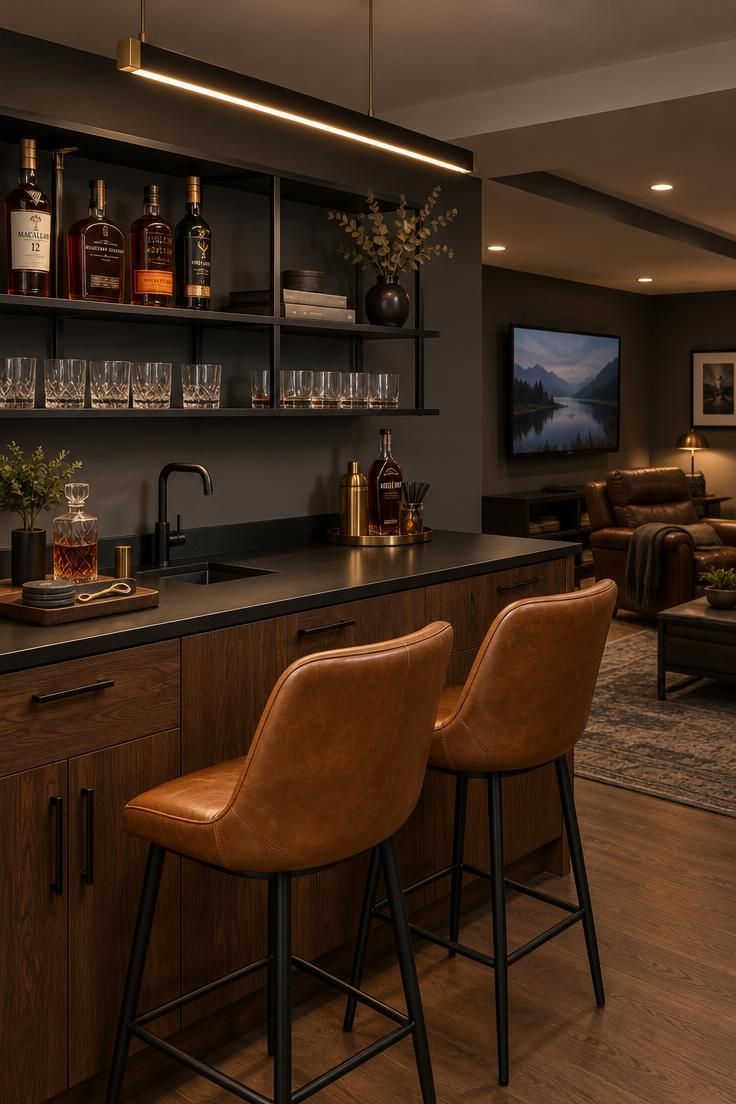 9 Warm Man Cave Kitchen Ideas for Easy Game-Day Hosting 1 A basement single-wall kitchenette with walnut base cabinets, a matte black counter, black steel open shelves holding whiskey and glassware, two caramel leather bar stools, and a warm brass-and-black pendant overhead.