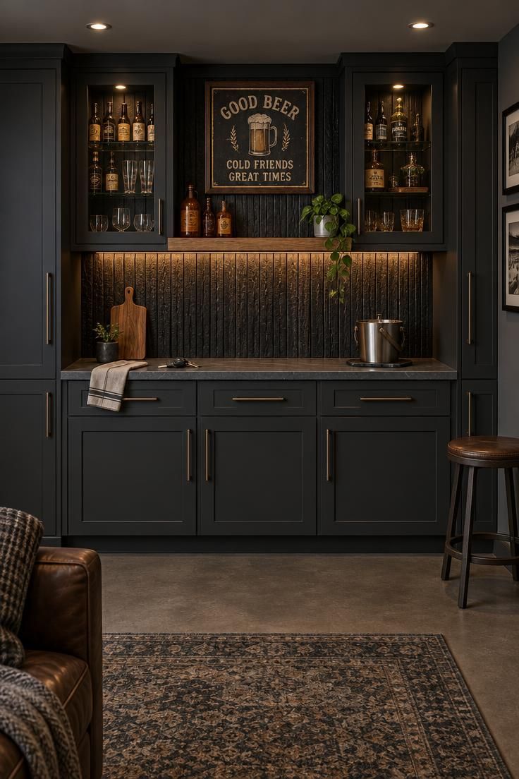 9 Warm Man Cave Kitchen Ideas for Easy Game-Day Hosting 2 A floor-to-ceiling charcoal cabinetry feature wall with a charred wood slat backsplash, glass-front upper cabinets around a framed vintage sign, an open oak shelf with amber bottles, and a stone-look counter with a metal ice bucket.