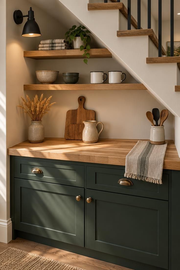 9 Warm Man Cave Kitchen Ideas for Easy Game-Day Hosting 4 An under-stair wedge with stepped open oak shelves following the stair slope, a butcher block counter over dark green cabinets, a matte black wall lamp, and a warm cream riser wall.