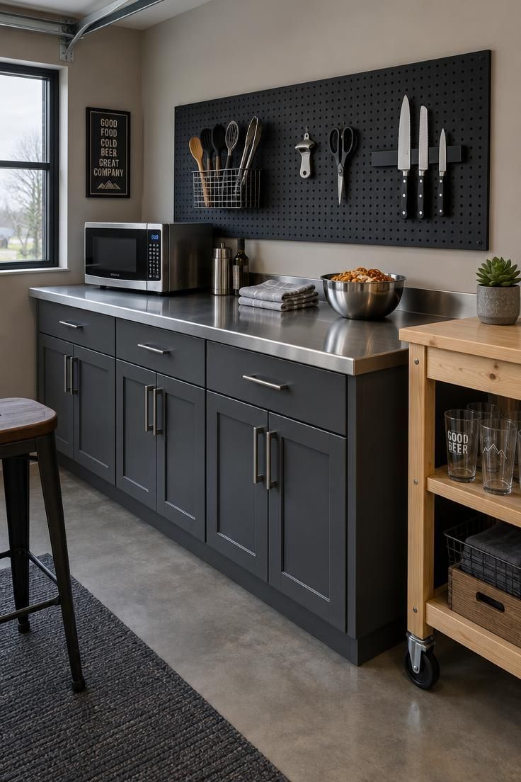 9 Warm Man Cave Kitchen Ideas for Easy Game-Day Hosting 5 A garage-adjacent snack counter with a stainless-look top, dark gray base cabinets, black powder-coated pegboard holding tools and a knife strip, a compact microwave, and a rolling pine cart with pint glasses.