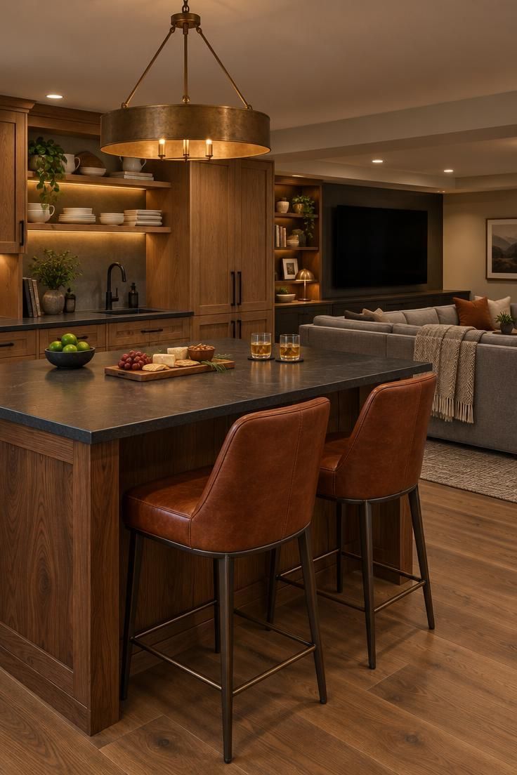 9 Warm Man Cave Kitchen Ideas for Easy Game-Day Hosting 6 A basement lounge kitchen with a walnut island, honed black counter, rust-orange leather bar stools, an aged brass chandelier, medium oak cabinets behind, and a gray sectional and television beyond.