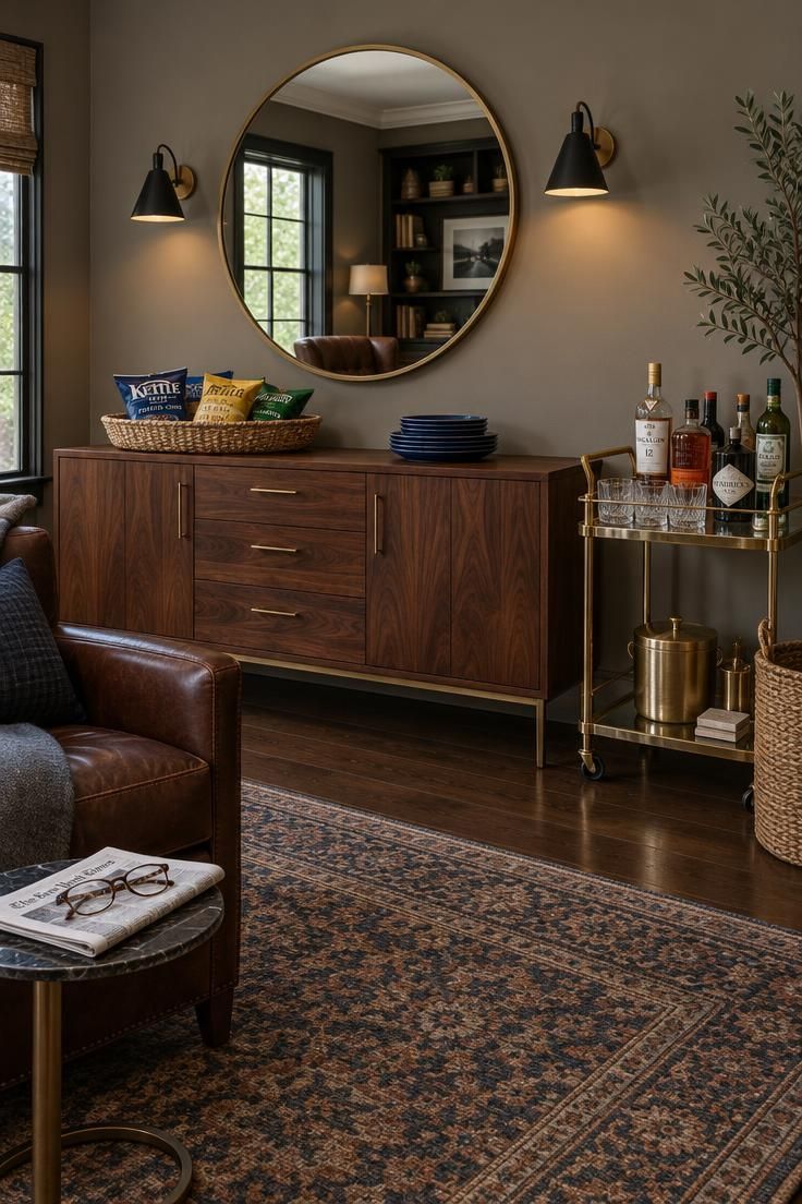 9 Warm Man Cave Kitchen Ideas for Easy Game-Day Hosting 7 A den with a long walnut sideboard, round mirror flanked by black wall lamps, a brass-and-glass bar cart with bottles and an ice bucket, a basket of chips and navy plates, and a leather armchair at the edge.