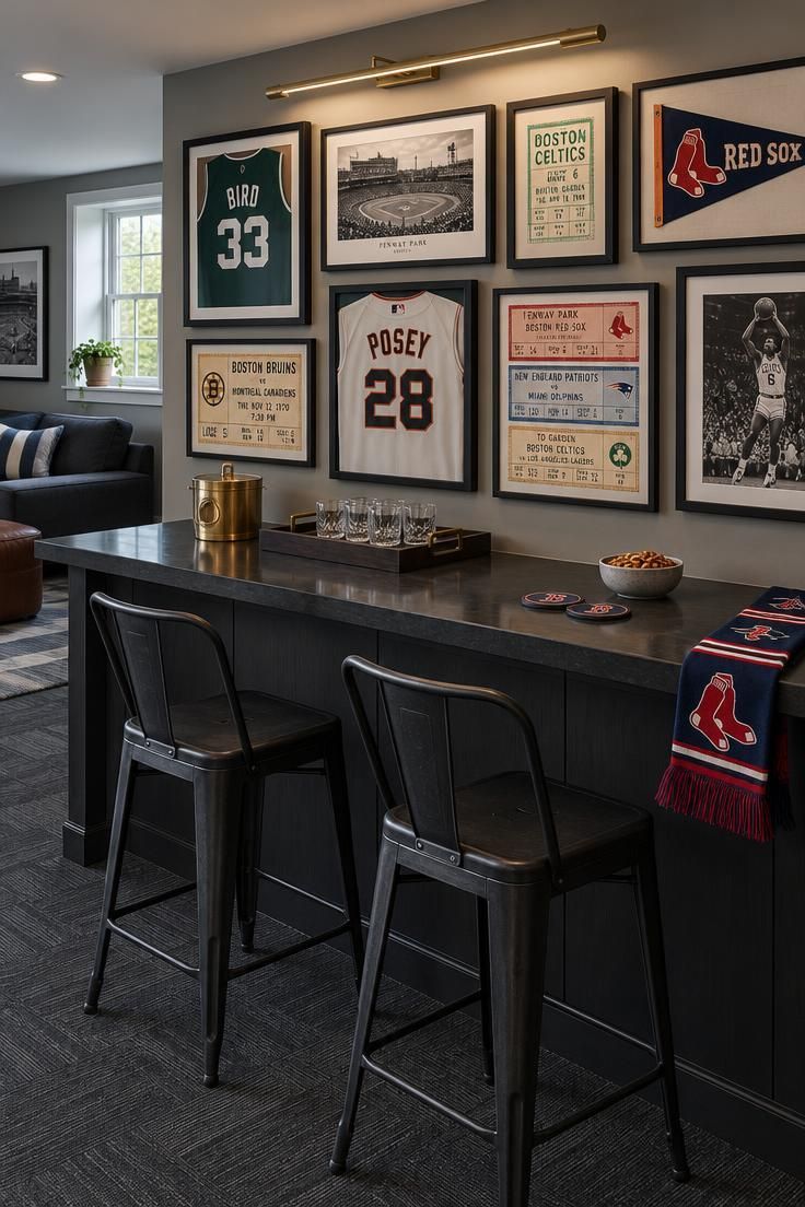 9 Warm Man Cave Kitchen Ideas for Easy Game-Day Hosting 8 A man cave with a low black bar counter beneath a dove-gray gallery wall of framed jerseys, ticket stubs, and a metal pennant, lit by a brass picture light, with two black stools and a brass ice bucket.