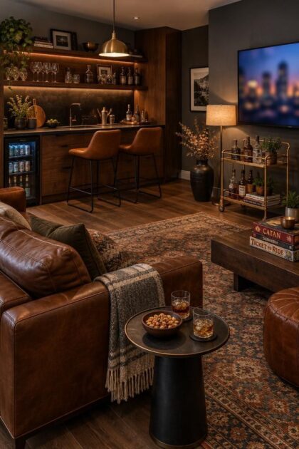9 Warm Man Cave Kitchen Ideas for Easy Game-Day Hosting A cozy evening man cave lounge with a walnut and black steel kitchenette, open glassware shelves, a glowing brass pendant, leather bar stools, a sofa facing a television, and a brass bar cart with bottles and snacks.