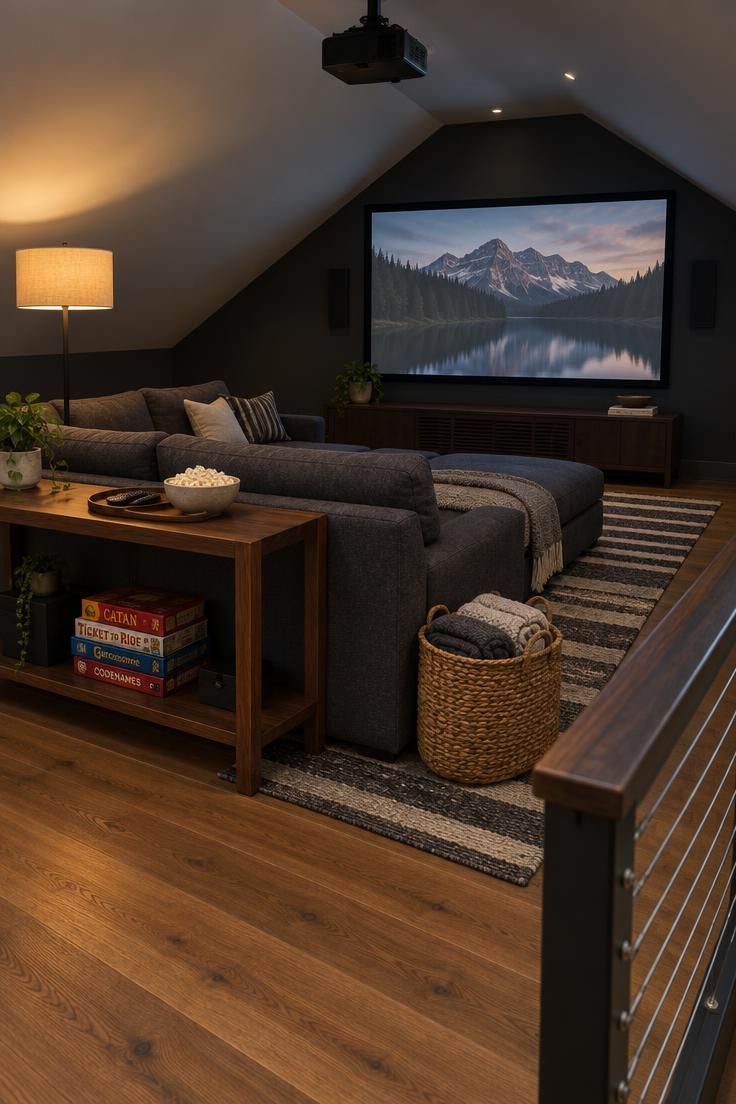 11 Cozy Man Cave Loft Ideas for a Warm Upstairs Escape 2 Low charcoal sectional under a slope facing a screen on the dark gable wall of a home loft, with a walnut console behind and warm lamp light on a striped rug.