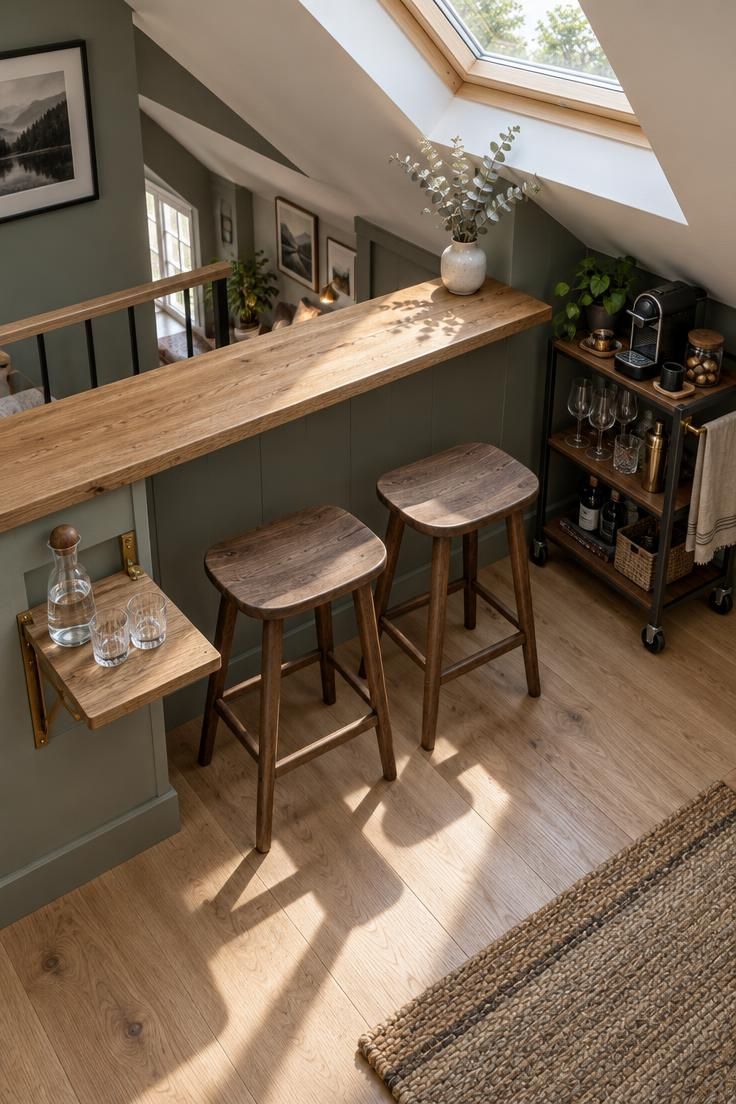 11 Cozy Man Cave Loft Ideas for a Warm Upstairs Escape 3 Overhead view of two backless stools at a wood-topped half wall in a home loft, with a fold-down shelf holding a carafe and a rolling cart tucked under the slope.