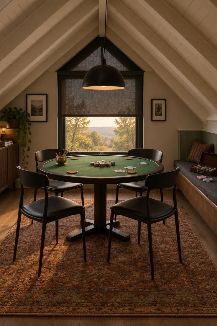 11 Cozy Man Cave Loft Ideas for a Warm Upstairs Escape 4 Wide view of a round card table under a matte black pendant at the ridge of a home loft, with a low bench holding chips and cards and a shaded gable window.