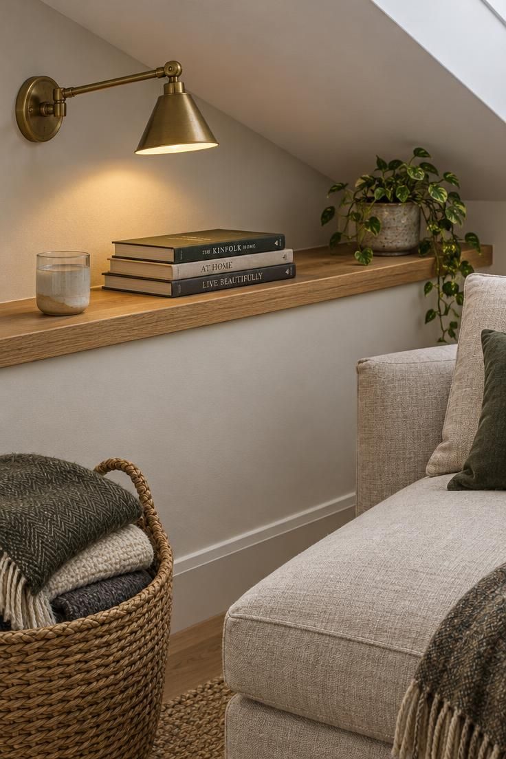 11 Cozy Man Cave Loft Ideas for a Warm Upstairs Escape 5 Close-up of a kneewall book ledge with hardcovers and a swing-arm sconce, with the edge of a linen chaise and a woven blanket basket in the foreground.