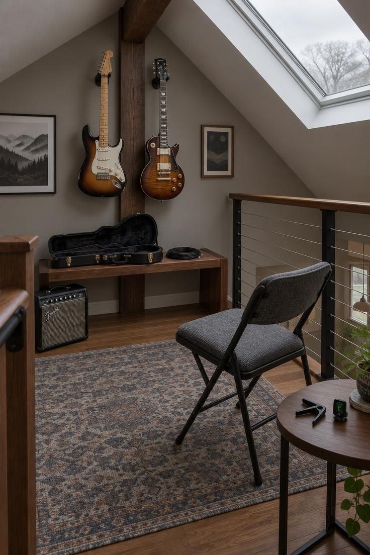 11 Cozy Man Cave Loft Ideas for a Warm Upstairs Escape 6 Guitars hanging from dark metal hangers on a ridge beam above a walnut bench and folding chair in a home loft, lit by soft overcast skylight.