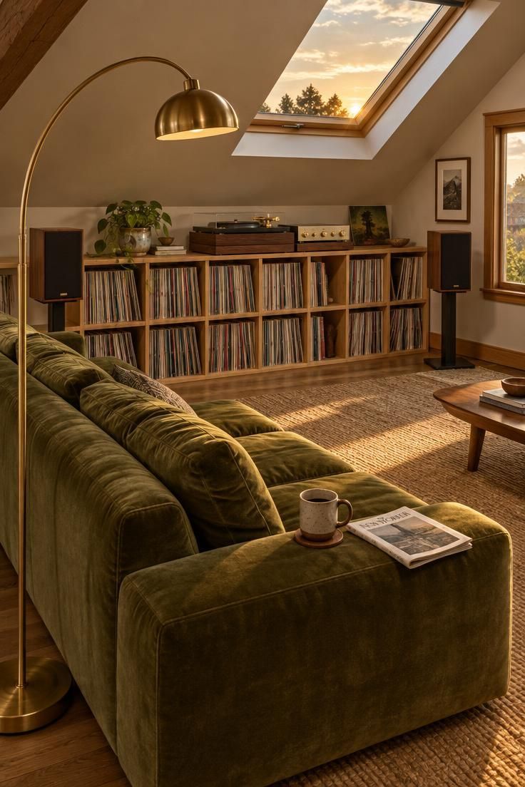 11 Cozy Man Cave Loft Ideas for a Warm Upstairs Escape 7 Olive velvet sofa facing white oak record cubbies built into a loft kneewall, with a walnut stereo plinth under the ridge and warm golden light.
