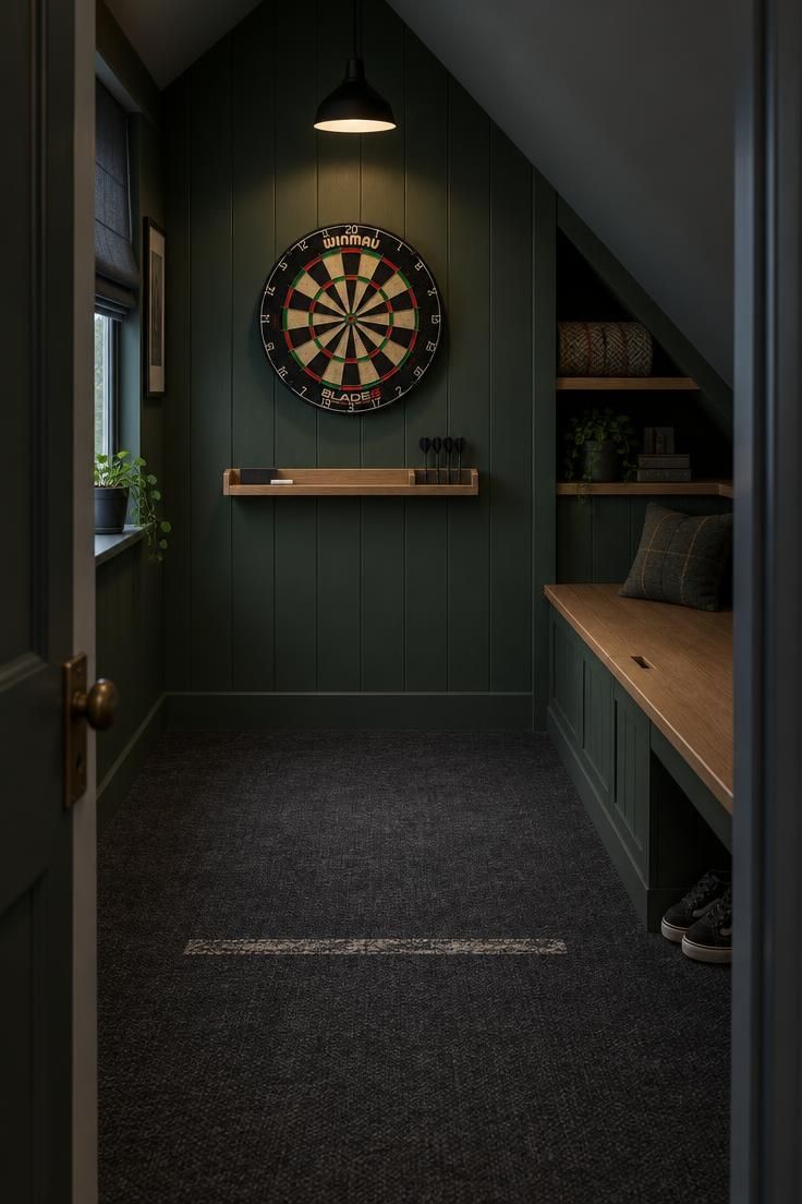 11 Cozy Man Cave Loft Ideas for a Warm Upstairs Escape 8 Dark green gable wall with a sisal dartboard and oak scoreboard shelf above a low lift-top bench in a dimly lit home loft.
