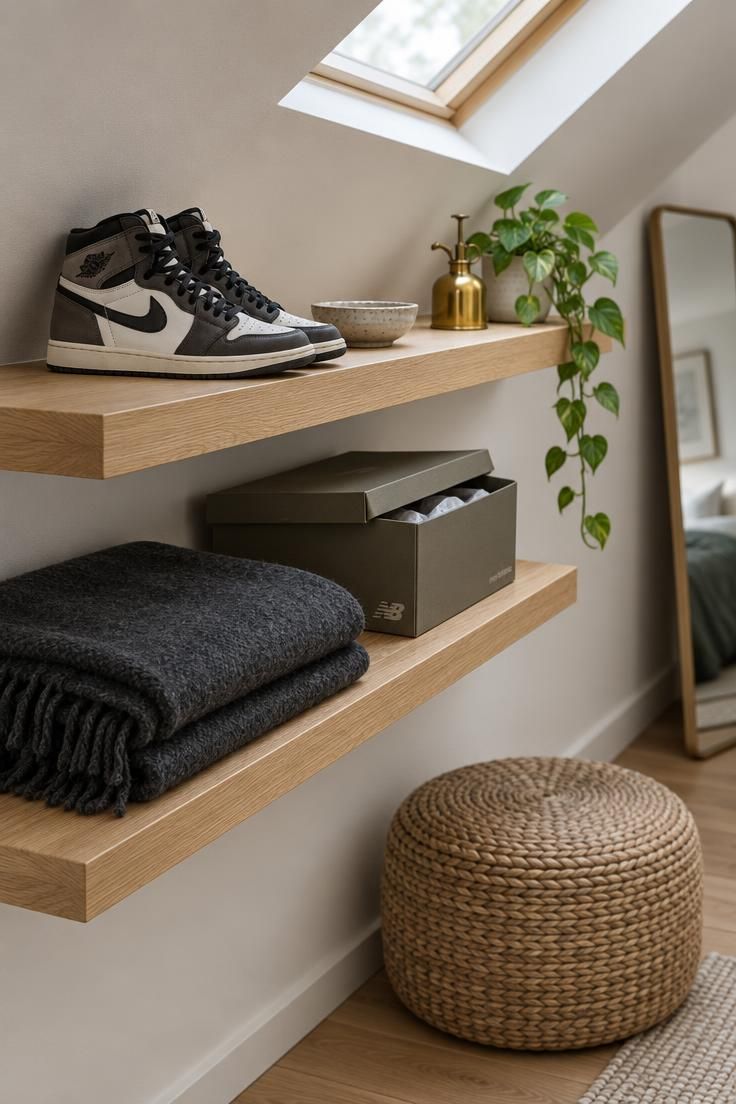 11 Cozy Man Cave Loft Ideas for a Warm Upstairs Escape 9 Two oak floating shelves mounted along a loft slope holding sneakers, a ceramic dish, and a folded blanket, with a woven pouf below and a leaning mirror behind.
