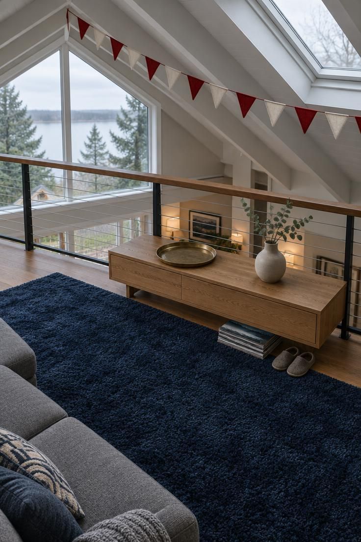 11 Cozy Man Cave Loft Ideas for a Warm Upstairs Escape 10 Overhead view of a low oak console by a loft railing with a brass tray and vase, under red and cream pennants strung along the ridge, on a deep blue rug.