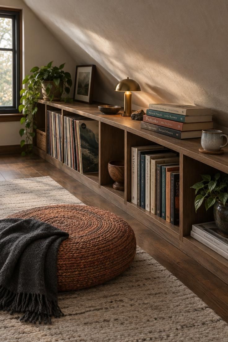 11 Cozy Man Cave Loft Ideas for a Warm Upstairs Escape 11 Low fir shelves following the slope of a loft ceiling with records and books, a round jute floor cushion on a pale rug, and a brass lamp beside them.