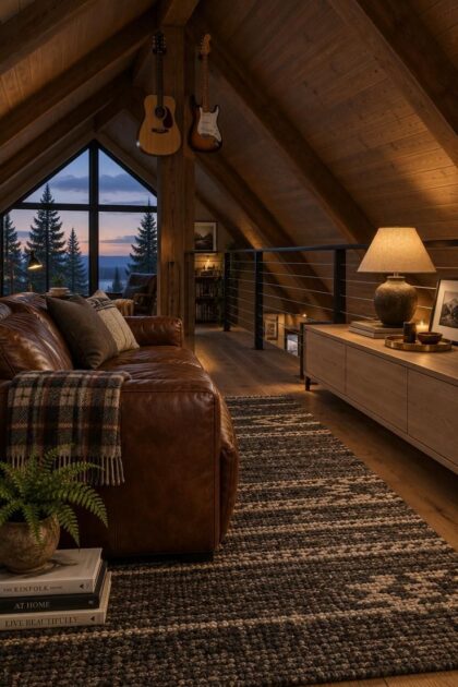 11 Cozy Man Cave Loft Ideas for a Warm Upstairs Escape Cozy home loft at dusk with a chestnut leather sofa under a sloped ceiling, a low oak console by a cable railing, guitars on the ridge beam, and warm lamplight over a charcoal rug.