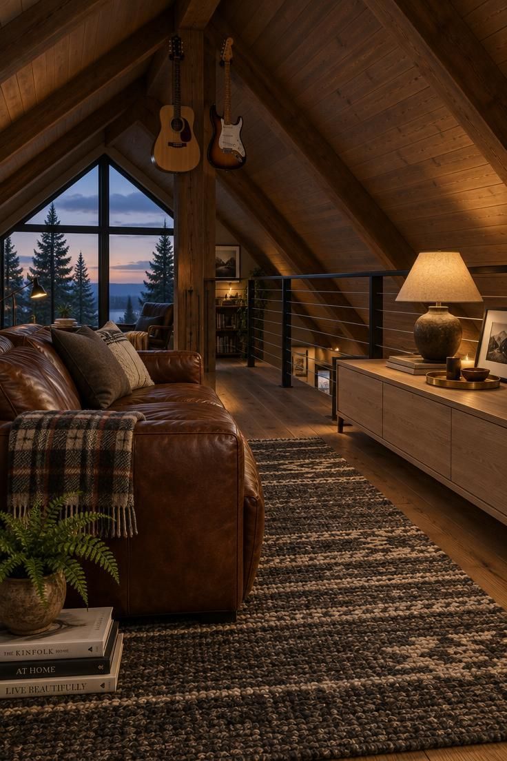 Simple Spaces 22 Cozy home loft at dusk with a chestnut leather sofa under a sloped ceiling, a low oak console by a cable railing, guitars on the ridge beam, and warm lamplight over a charcoal rug.