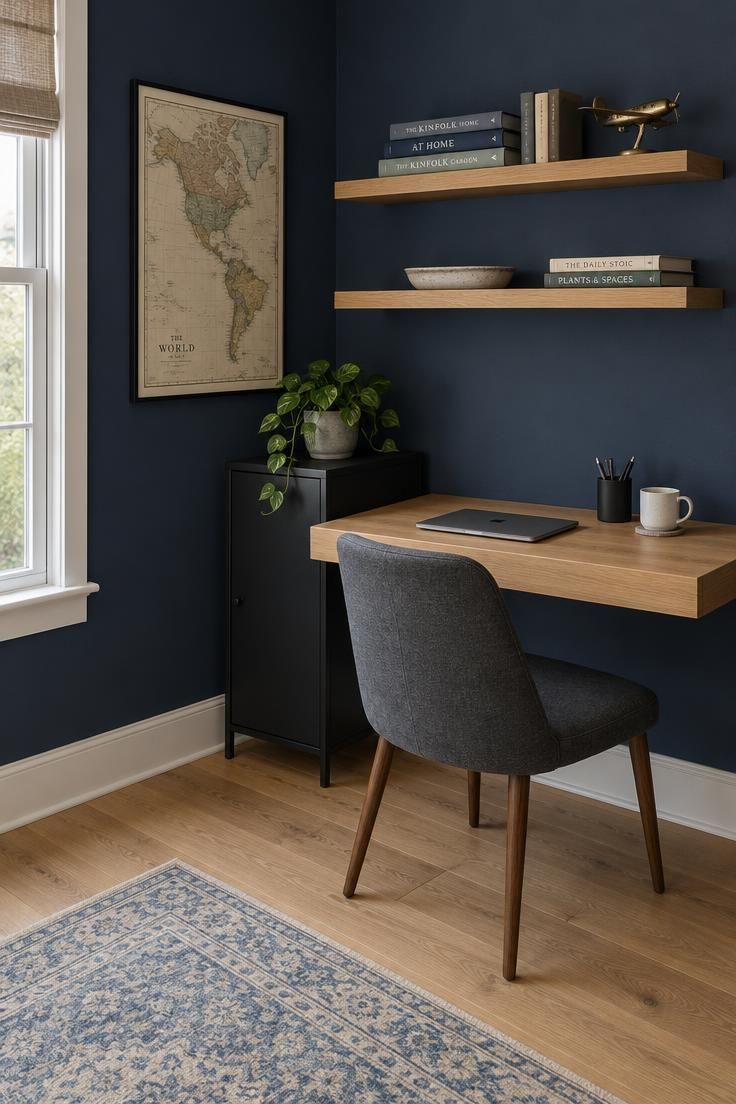 11 Cozy Man Cave Office Ideas to Make Your Space Yours 1 A small room with a light oak wall-mounted desk and three floating shelves above it in the same wood tone, a slim black cabinet below, a gray fabric chair, and a framed vintage map on a matte navy wall.