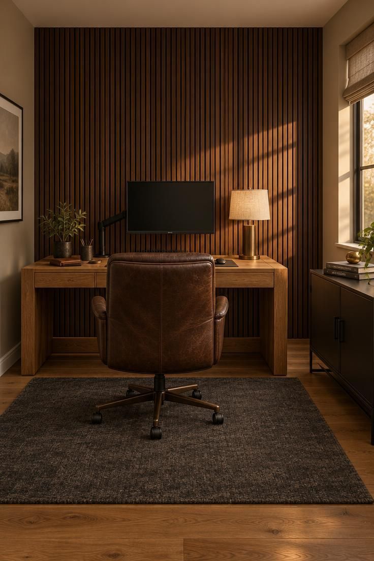 11 Cozy Man Cave Office Ideas to Make Your Space Yours 2 A home office with a deep walnut vertical slat feature wall behind an oak desk, a dark brown leather executive chair, and a low black metal console cabinet in warm golden light.