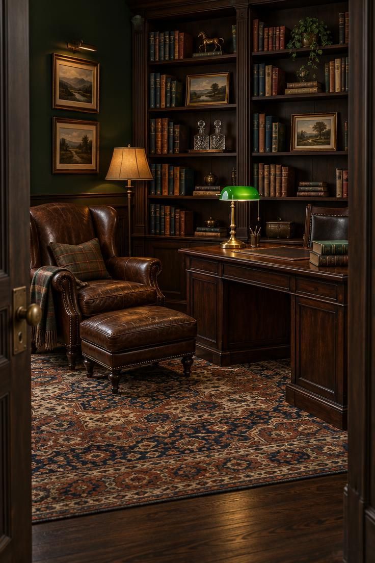 11 Cozy Man Cave Office Ideas to Make Your Space Yours 3 A club-style study with deep forest green walls above dark wood paneling, a brown leather wing chair with footstool beside a mahogany desk, and floor-to-ceiling bookshelves holding books and framed landscape prints.