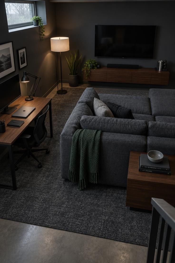 11 Cozy Man Cave Office Ideas to Make Your Space Yours 4 An overhead view of a charcoal-gray basement with a sectional sofa facing a wall-mounted screen, a compact desk with a monitor and task lamp on a dark gray rug, and a floor lamp between the two zones.