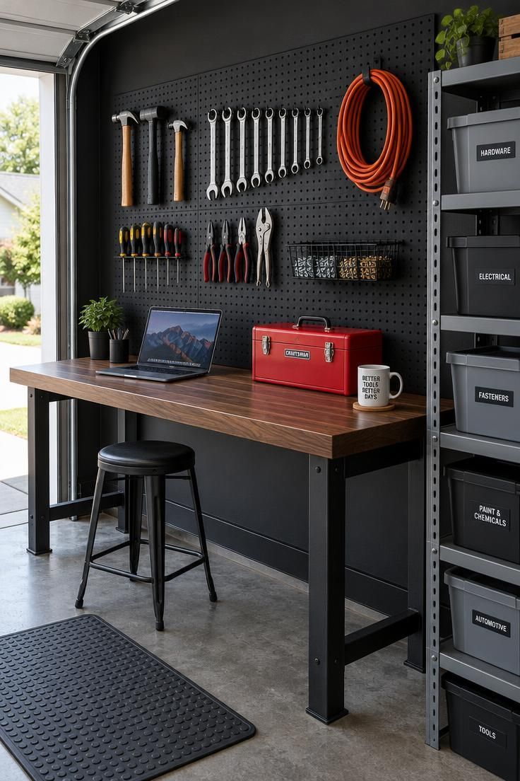 11 Cozy Man Cave Office Ideas to Make Your Space Yours 5 A matte black pegboard wall in a garage holding tools on black metal hooks above a long walnut-stained wood desk with black metal legs, with gray metal open shelves holding labeled bins nearby.