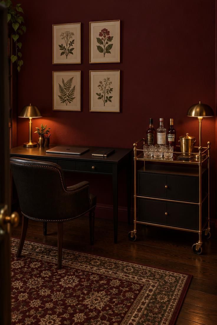 11 Cozy Man Cave Office Ideas to Make Your Space Yours 6 A corner office with deep burgundy walls, a small black desk beneath four framed botanical prints, and a brass bar cart holding bottles, glasses, and a lamp beside the desk.