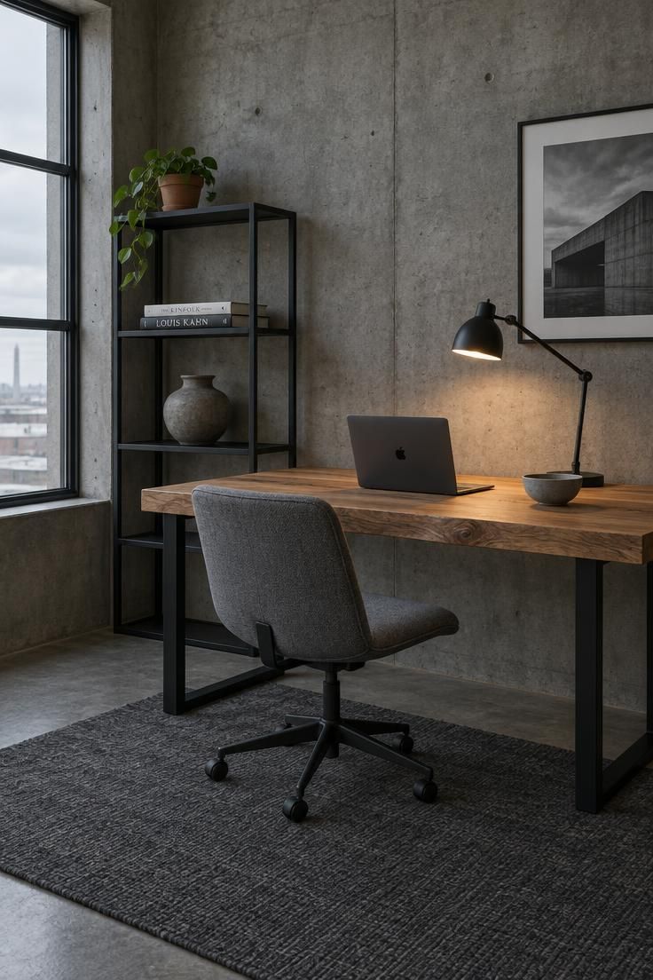 11 Cozy Man Cave Office Ideas to Make Your Space Yours 7 An industrial office corner with a gray concrete-look wall, a thick wood slab desk on black steel legs, a black metal shelving unit holding books and a plant, and a low-back gray fabric chair.