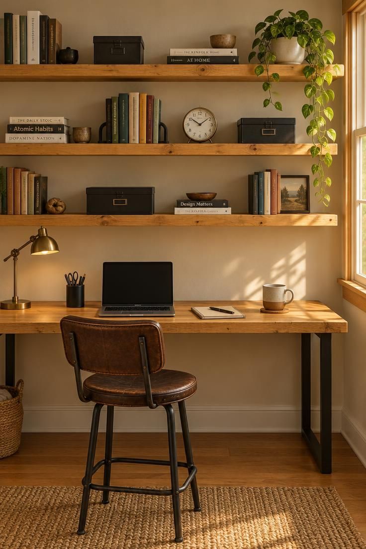11 Cozy Man Cave Office Ideas to Make Your Space Yours 8 Three long honey-toned rustic wood shelves holding books, black metal boxes, and a clock above a workbench-style desk in matching wood, with a dark brown leather and metal stool.