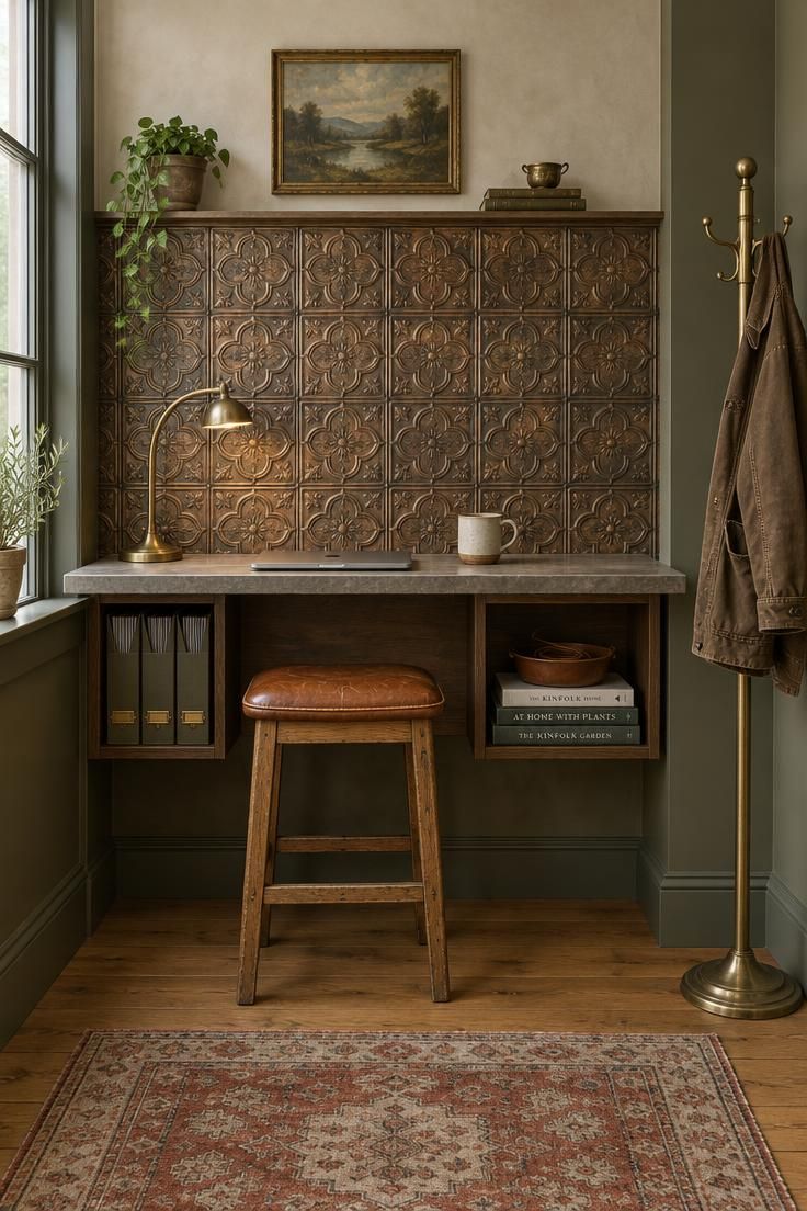 11 Cozy Man Cave Office Ideas to Make Your Space Yours 9 A pressed-tin backbar panel in bronze and copper supporting a narrow counter-height work shelf with a laptop, brass lamp, and mottled metal finish set against an olive green wall.
