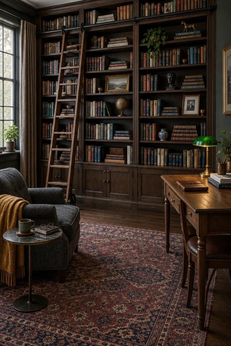 11 Cozy Man Cave Office Ideas to Make Your Space Yours 10 A room with floor-to-ceiling dark wood bookshelves and a rolling ladder on one wall, a narrow medium-toned writing desk facing into the room with a green banker's lamp, and a charcoal tweed armchair nearby.