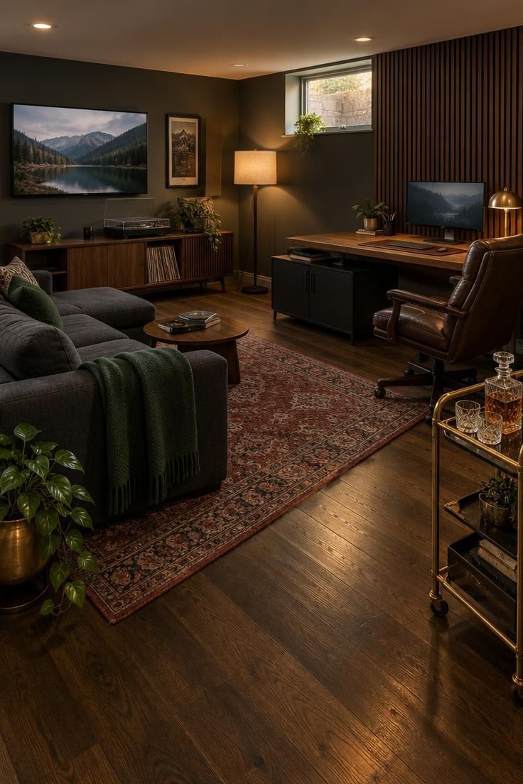 Simple Spaces 22 A cozy finished-basement man cave office with a dark walnut slat feature wall behind an oak desk and leather chair, a charcoal sectional facing a wall-mounted screen, a walnut record cabinet, and a brass bar cart on a red and gray rug in warm layered light.