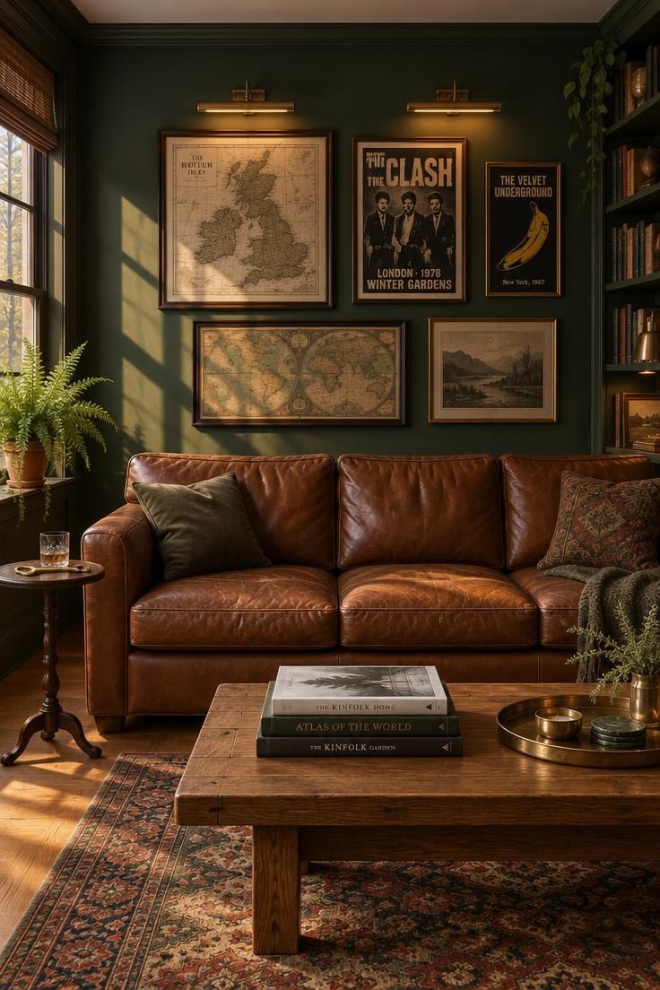 Deep forest green walls with a cognac leather sofa, brass picture lights over framed vintage maps, oak coffee table, and warm oak flooring.