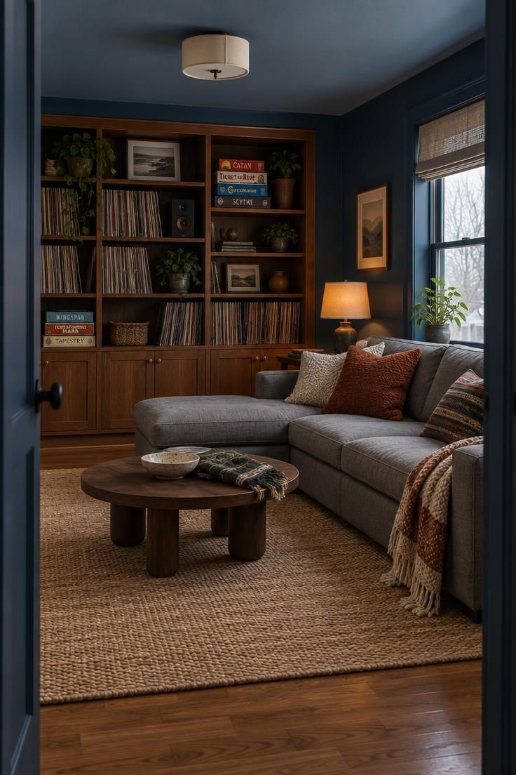 Navy blue walls with a slate blue ceiling, warm wood built-in shelving holding records and games, gray sectional, and jute rug viewed from a doorway.