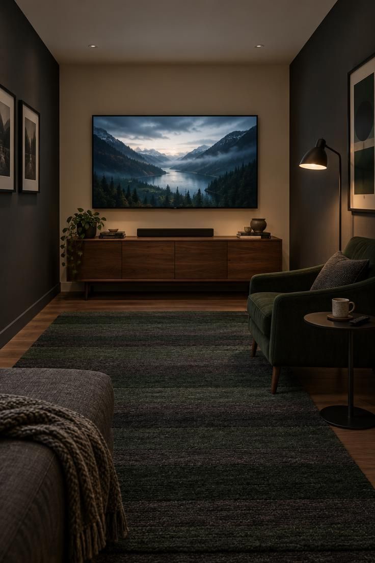 Media room with charcoal side walls, off-white front wall, white ceiling, low walnut media cabinet, dark green armchair, and striped wool rug.