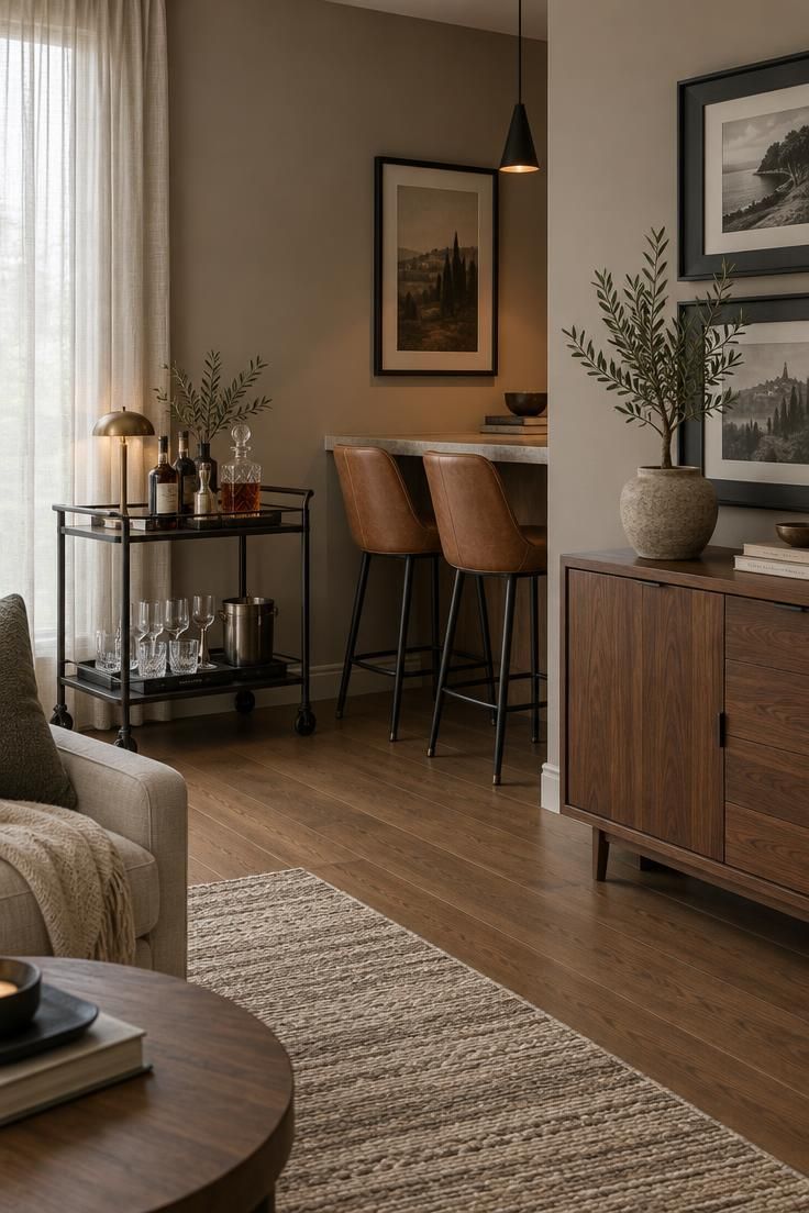 Warm greige walls with a blackened steel bar cart, tan leather stools at a small counter, walnut sideboard, and dark charcoal picture frames.