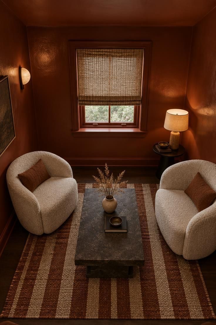 Overhead view of a small rust-drenched lounge with a low slab coffee table, cream boucle chairs, and a woven window shade.