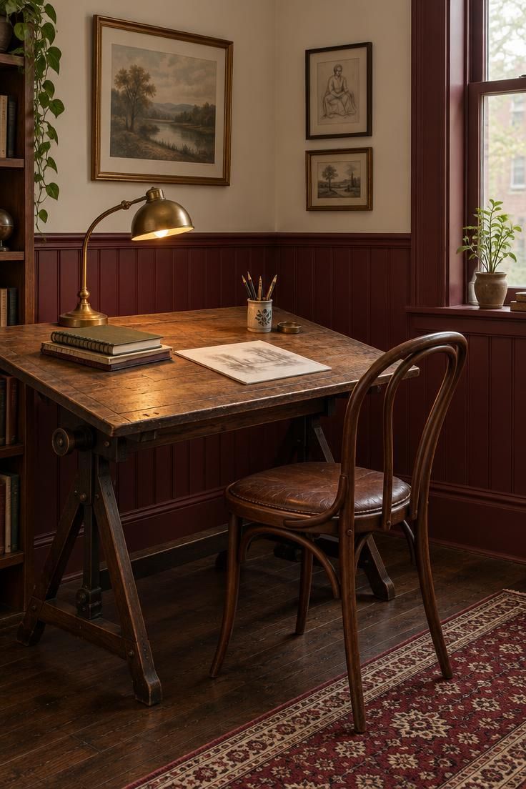 Oxblood red vertical wood paneling below a chair rail, cream walls above, vintage drafting table desk, bentwood chair, and brass desk lamp.