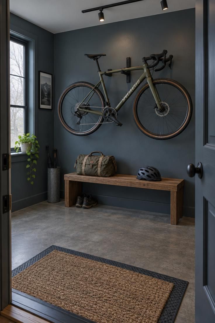 Doorway view of a slate blue-gray room with a black metal bike rack displaying a bicycle, a low wood bench, and a light gray ceiling.