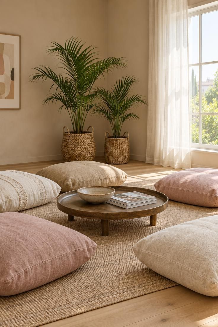 Clay beige walls with a circle of floor cushions around a low tray table, potted palm fronds, and bright midday light through sheer curtains.
