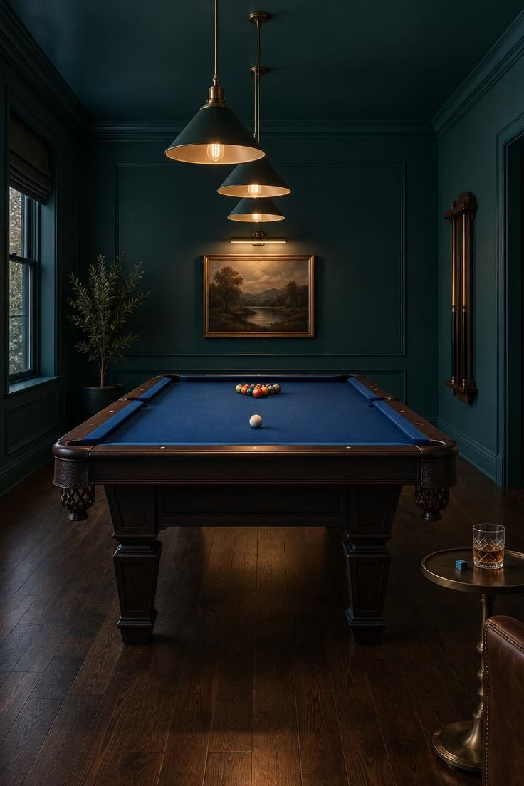 Dark teal drenched game room with a pool table in deep blue felt, three pendant lights, and a wall-mounted cue rack.