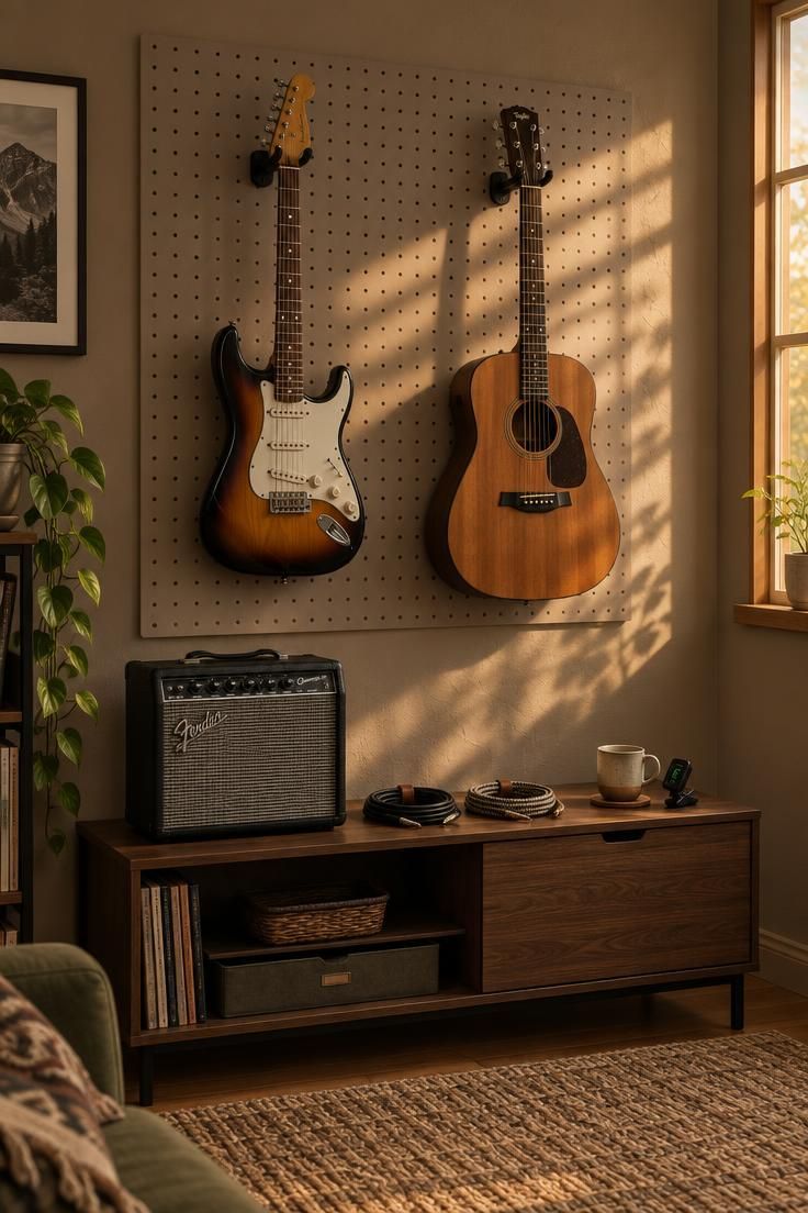 Warm taupe wall with a painted pegboard holding two guitars, an amp on a low console below, and a woven rug.