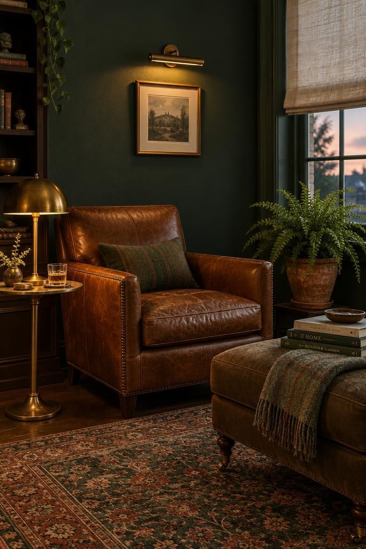 Simple Spaces 25 Cozy dusk lounge with deep forest green walls, a cognac leather armchair, brass lamp, framed print with picture light, and a worn Persian rug.